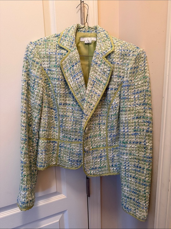 I.C.E. Jackets & Blazers - Cropped Tweed Blazer Jacket in Green and Blue Mix by I.C.E.